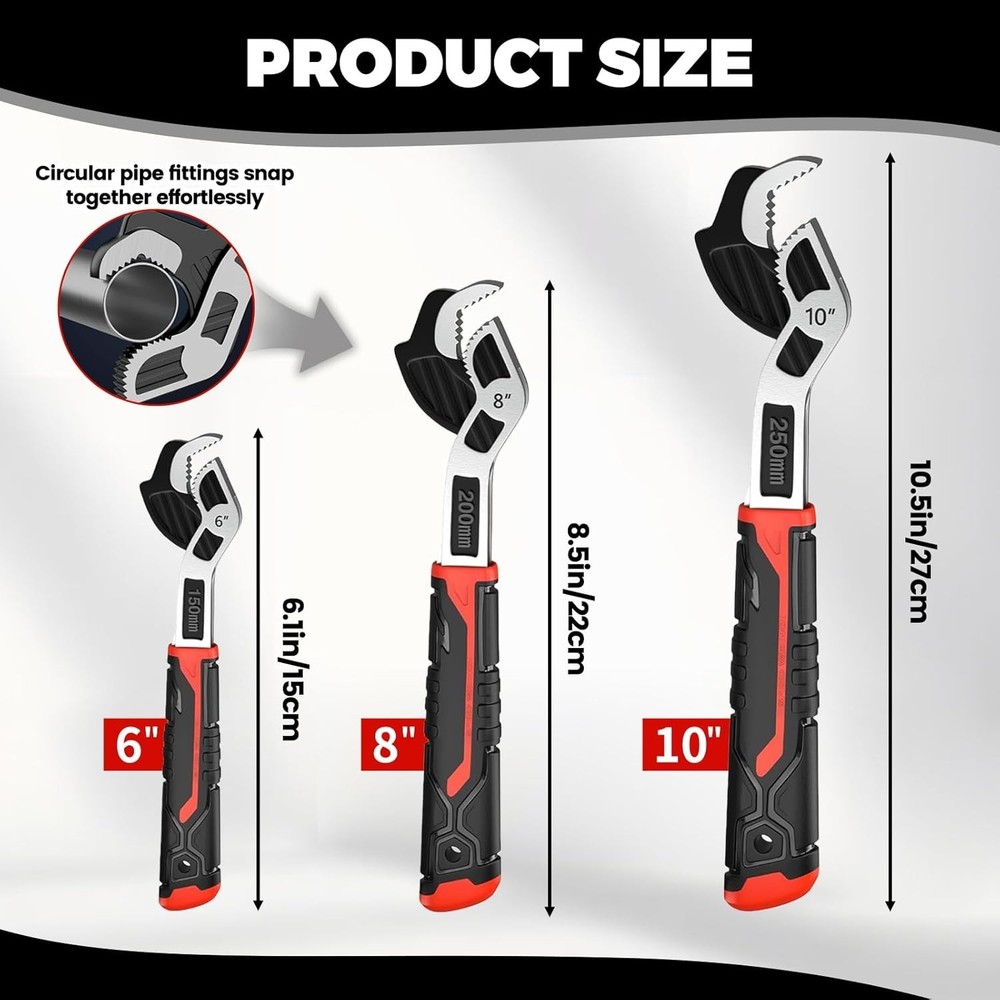 6” 8” 10” Multi-Function Self-Locking Pipe Wrench Set, Chromium Vanadium Steel,P