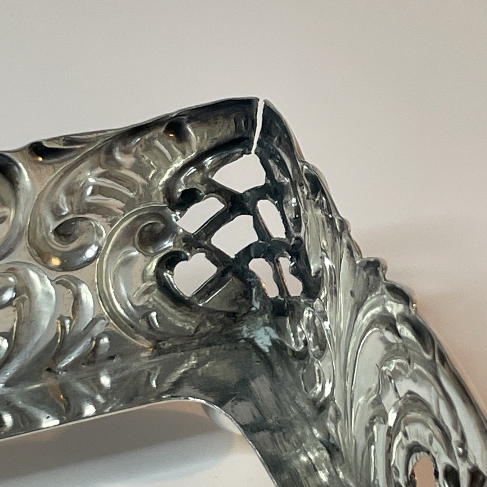 Germany Sterling Repousse Basket Etched Glass Insert Rectangular Swing Handle