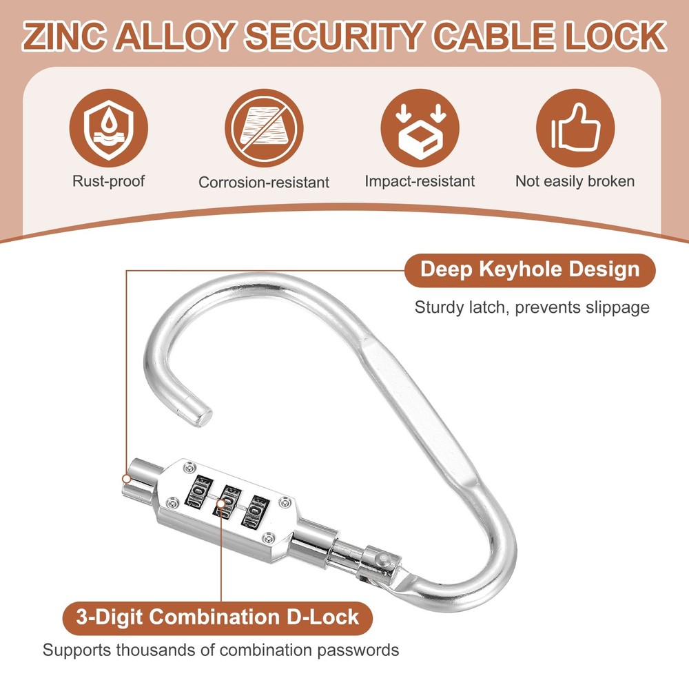 3.8" x 1.8" D-Shaped 3-Digit Code Combination Lock D-Ring Clip Locking, Silver