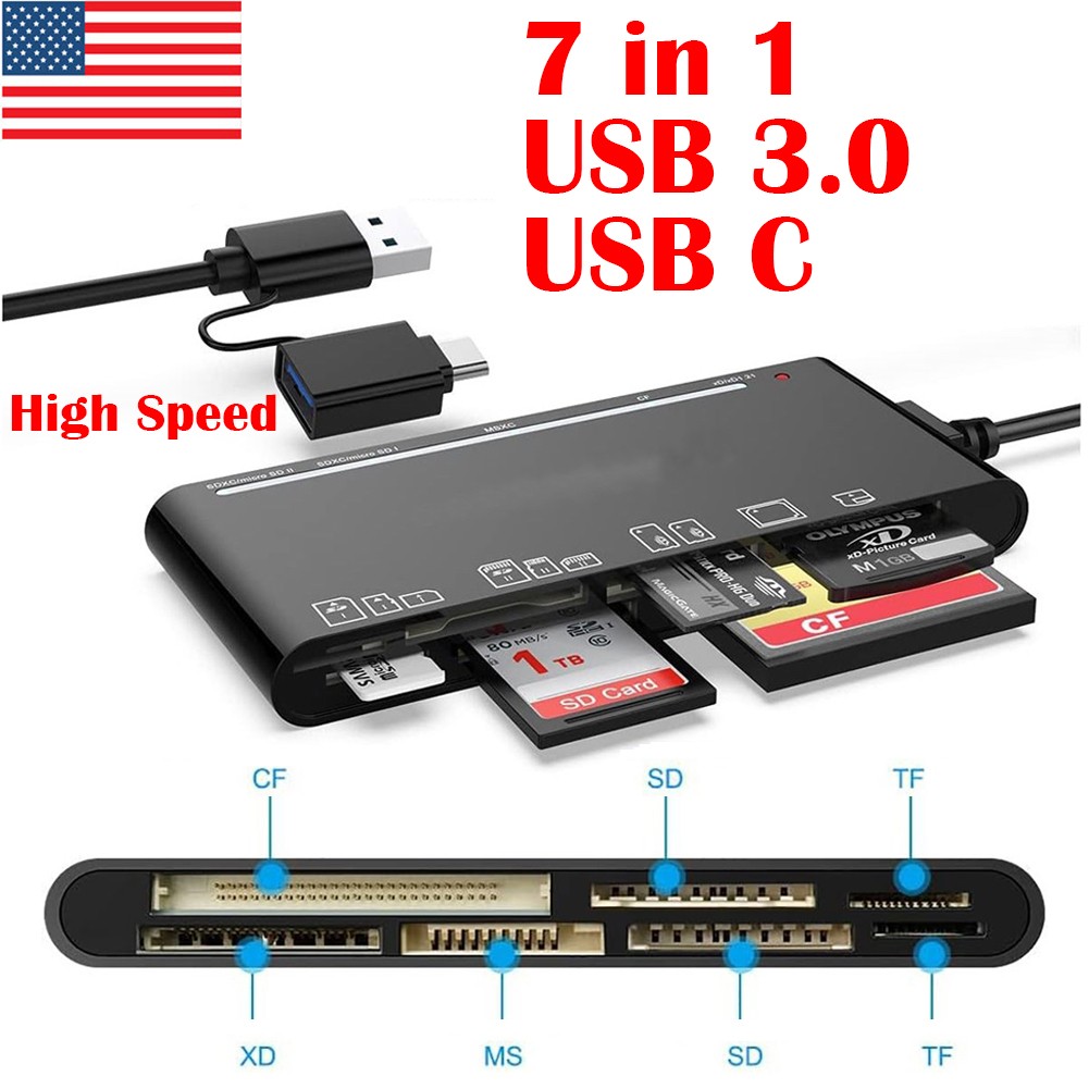 7-in-1 USB 3.0 USB C Memory Card Reader High Speed Adapter for Micro SD TF CF XD