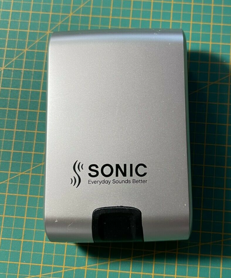 Hardcover Hearing Aid Case Sonic Push Button Spring Silver/Black 3.5" x "2 x 1"