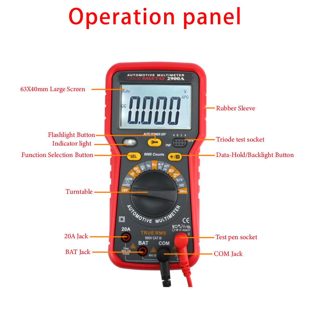 2900A Digital Multimeter 6000 Counts Dwell Angle RPM Meter AC DC Voltage Current