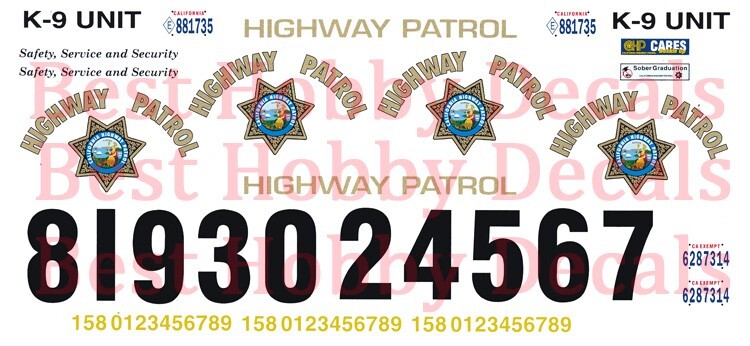 California Highway Patrol 1/64th HO Scale Slot Car Waterslide Decals Police