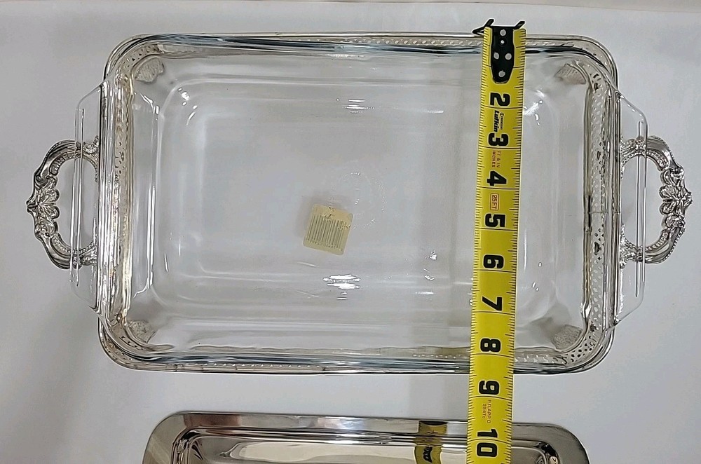 Vintage Silverplate Serving Dish w/Lid & 2 Qt Glass Insert Patina 16 1/2" L