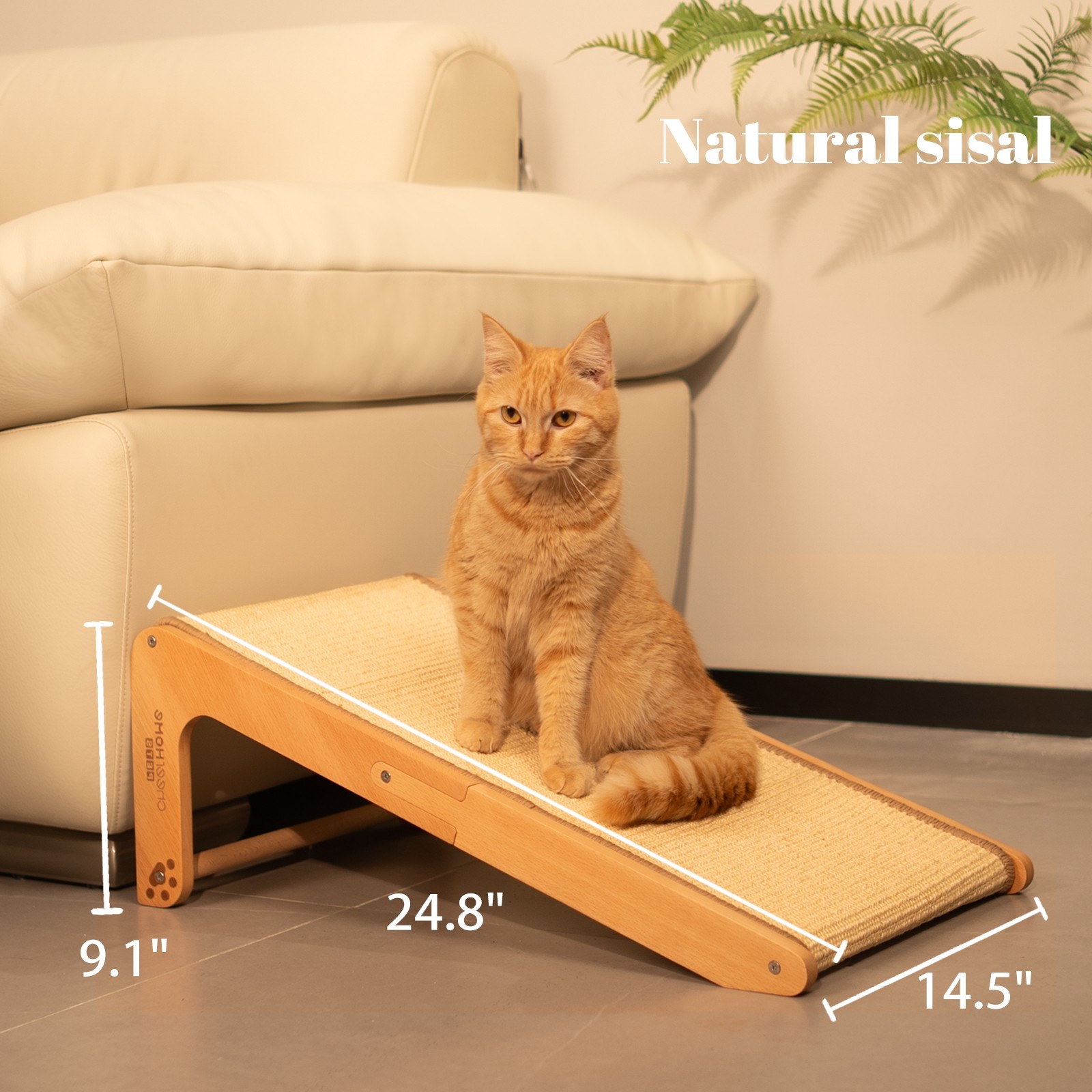 Sisal Cat Scratcher Ramp, 24.8" Solid Wooden Cats L-Shape Scratching Post