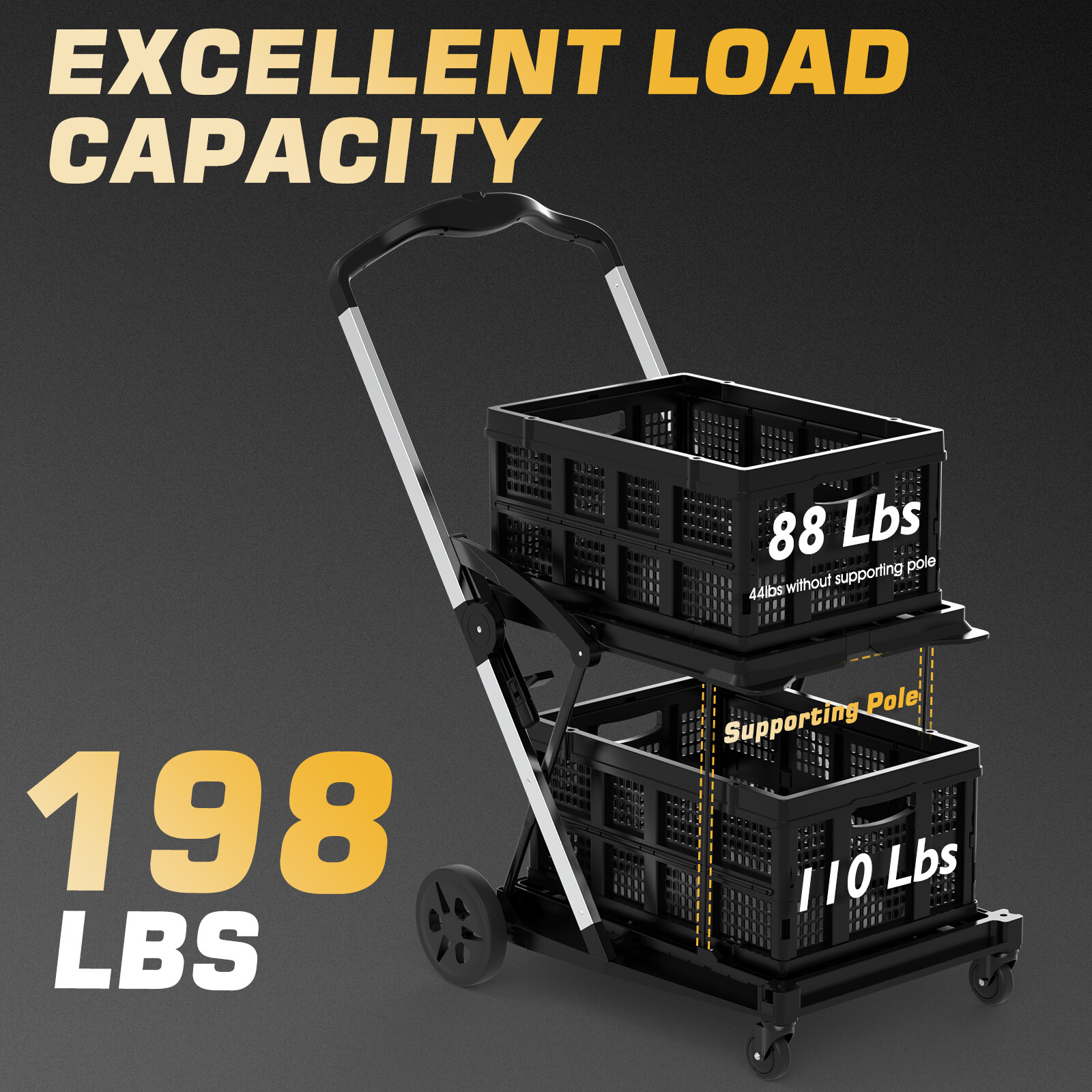 1 Trolley & 2 Folding Baskets Heavy-duty Collapsible Double Folding Service Cart