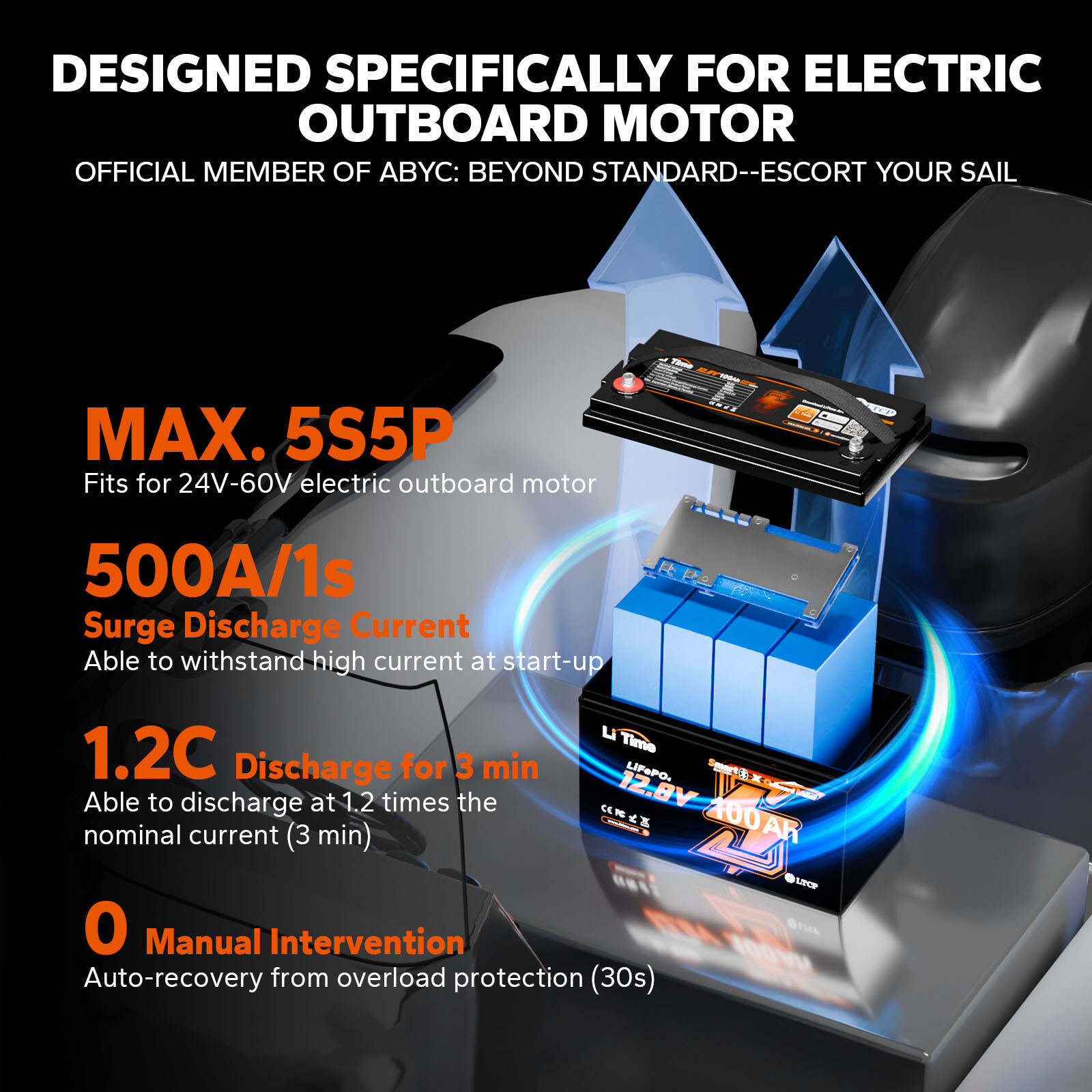 LiTime 12/24V/36V/48V/60V 100Ah OBM Bluetooth LiFePO4 Battery Outboard Motor Lot