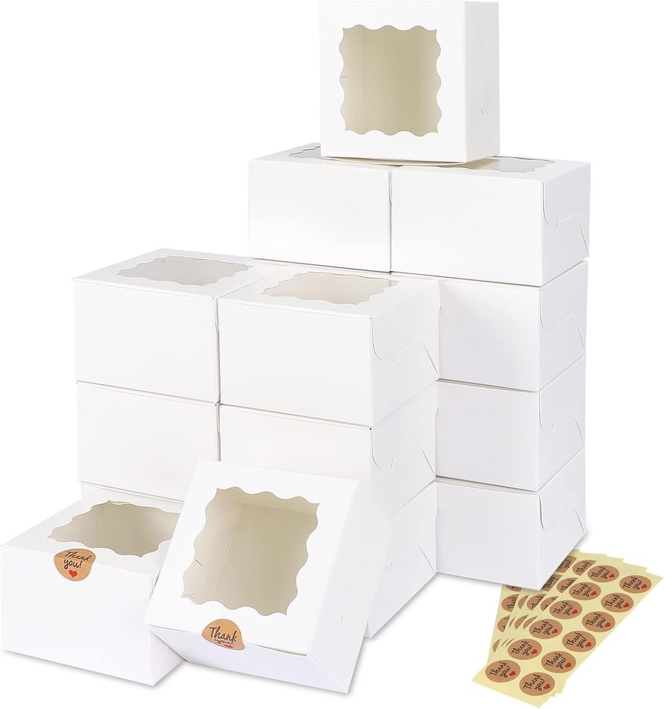 50pcs White Cookie Boxes with Window – 4x4x2.5” Elegant Bakery Gift Packaging
