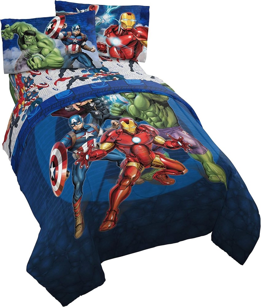 Marvel Avengers Blue Circle 5 Piece Full Bed Set Includes Reversible Comforter &