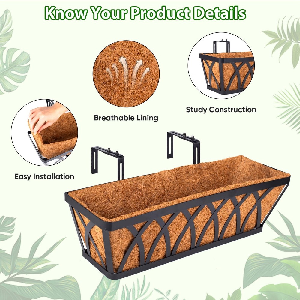 4 Pack 24 Inch Deck Balcony Railing Planter Window Boxes with Coconut Coir Li...