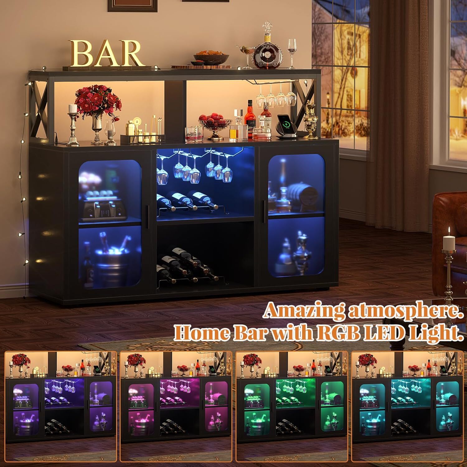 47" Bar Cabinet with LED Lights ＆ Glass Holder ＆ Racks, Storage Buffet Cabinet