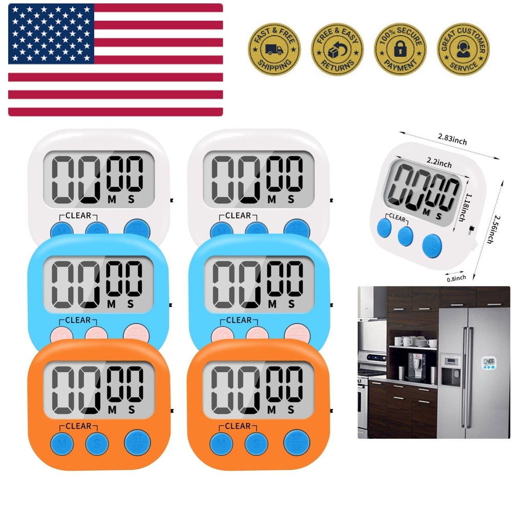 6 Pack Small Digital Kitchen Timer Magnetic Back and ON/Off Switch,Minute Sec...