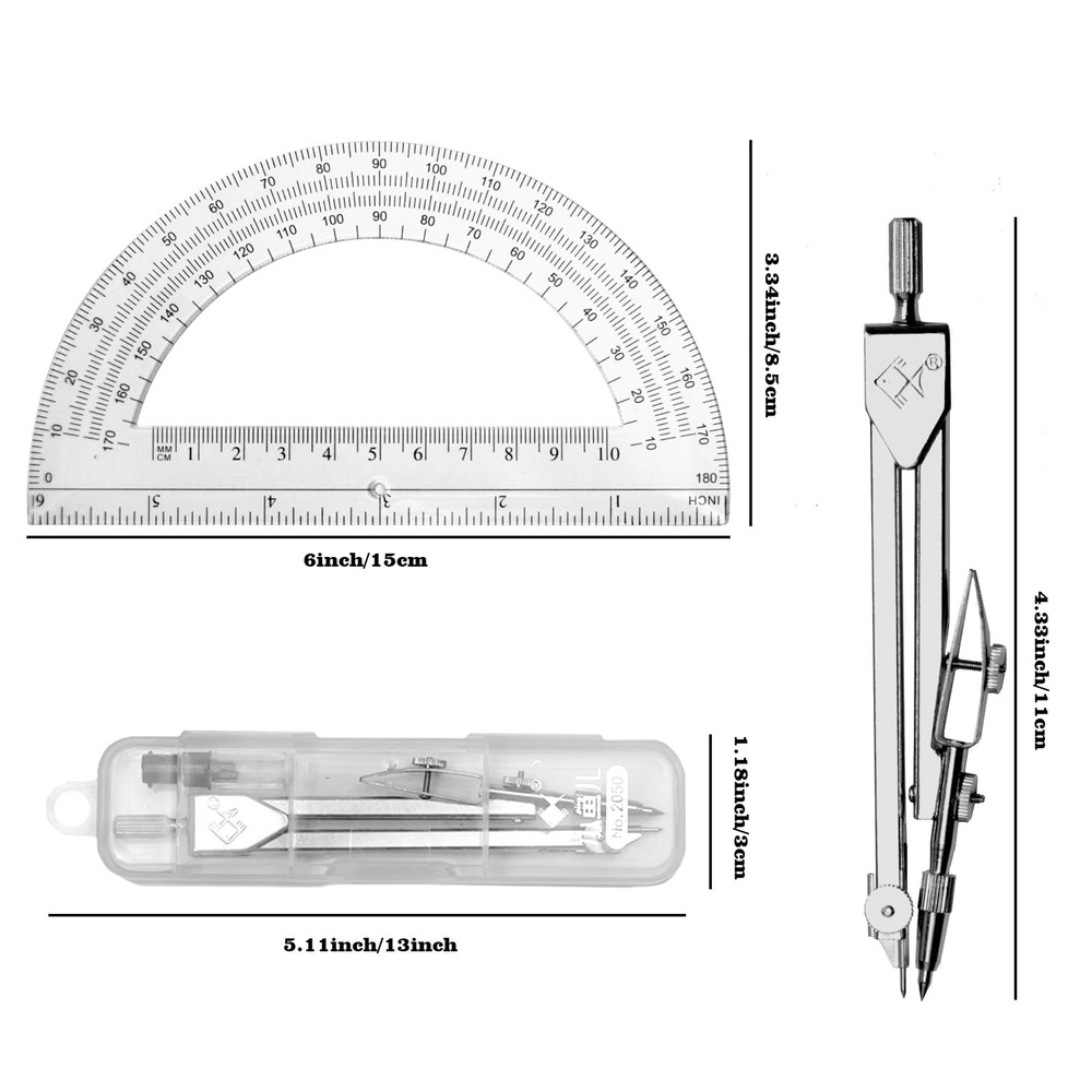 Geometry Math Set Drawing Compass 6 Inch Transparent Swing Arm Protractor