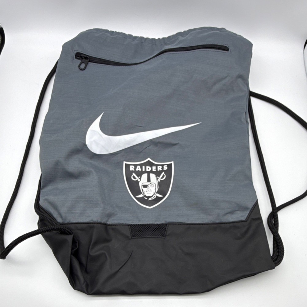 Nike Raiders Drawstring Gym Bag Gray Black Polyester Adjustable Strap Zip Pocket