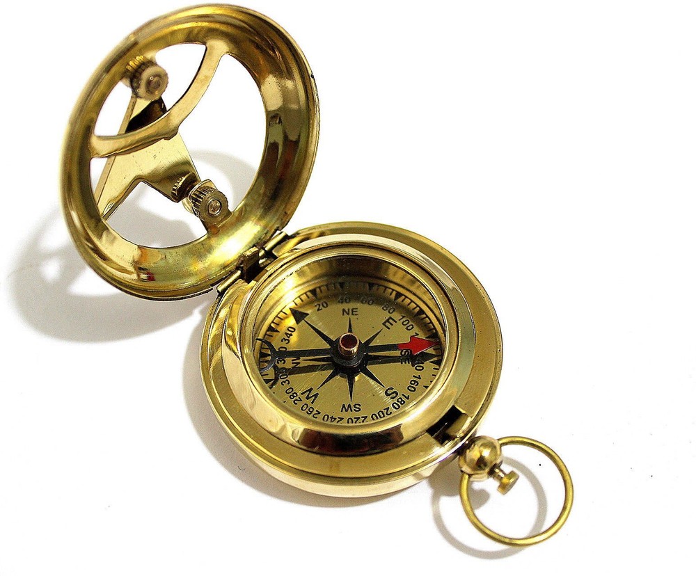Brass Push Button Direction Sundial Compass - Pocket Sundial Compass Rustic V...