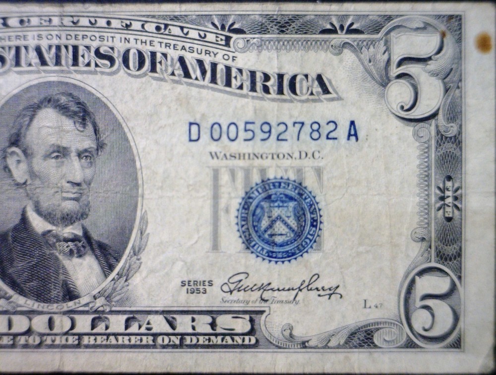 1953 ERROR $5 3rd Print Shift F + Silver Certificate BLUE SEAL Currency Note NR