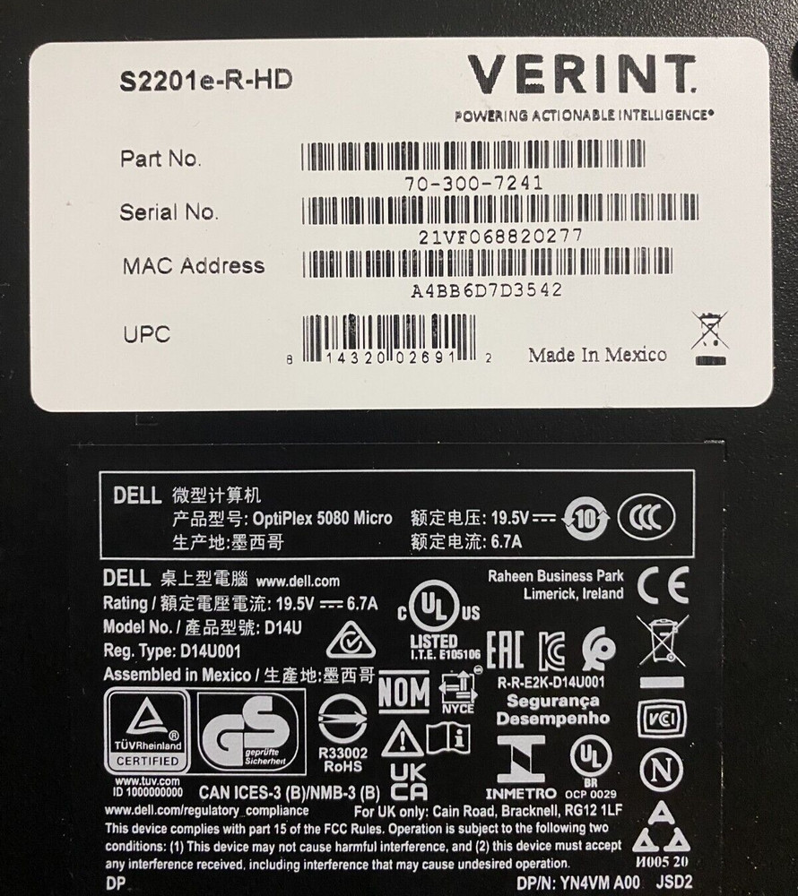 Verint® S2201e-R-HD Decoder Dell Optiplex 5080 Micro D14U