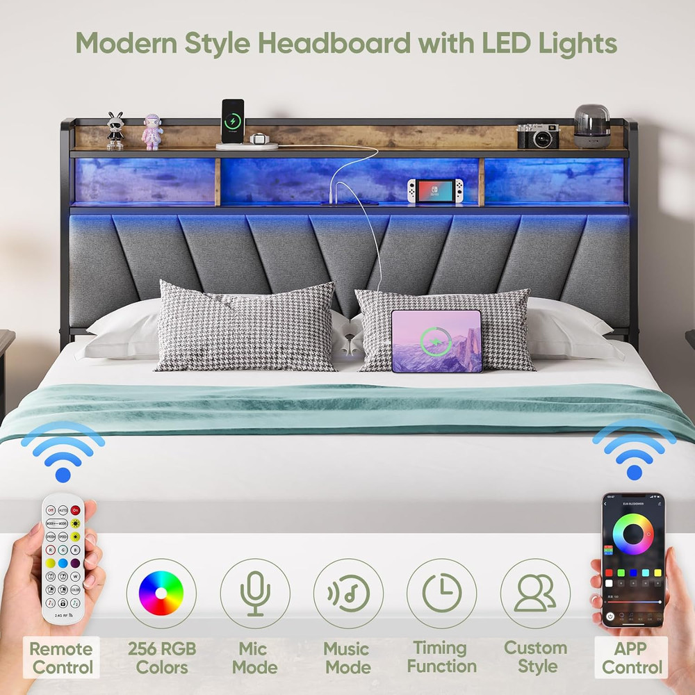Queen Bed Frames with Headboard, LED Lights Queen Size Bed Frame with Charging S