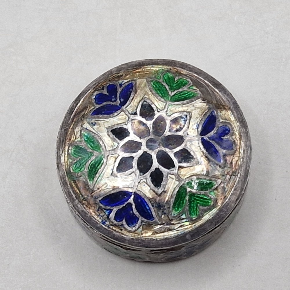 Vintage Sterling Silver & Enamel Pill Box