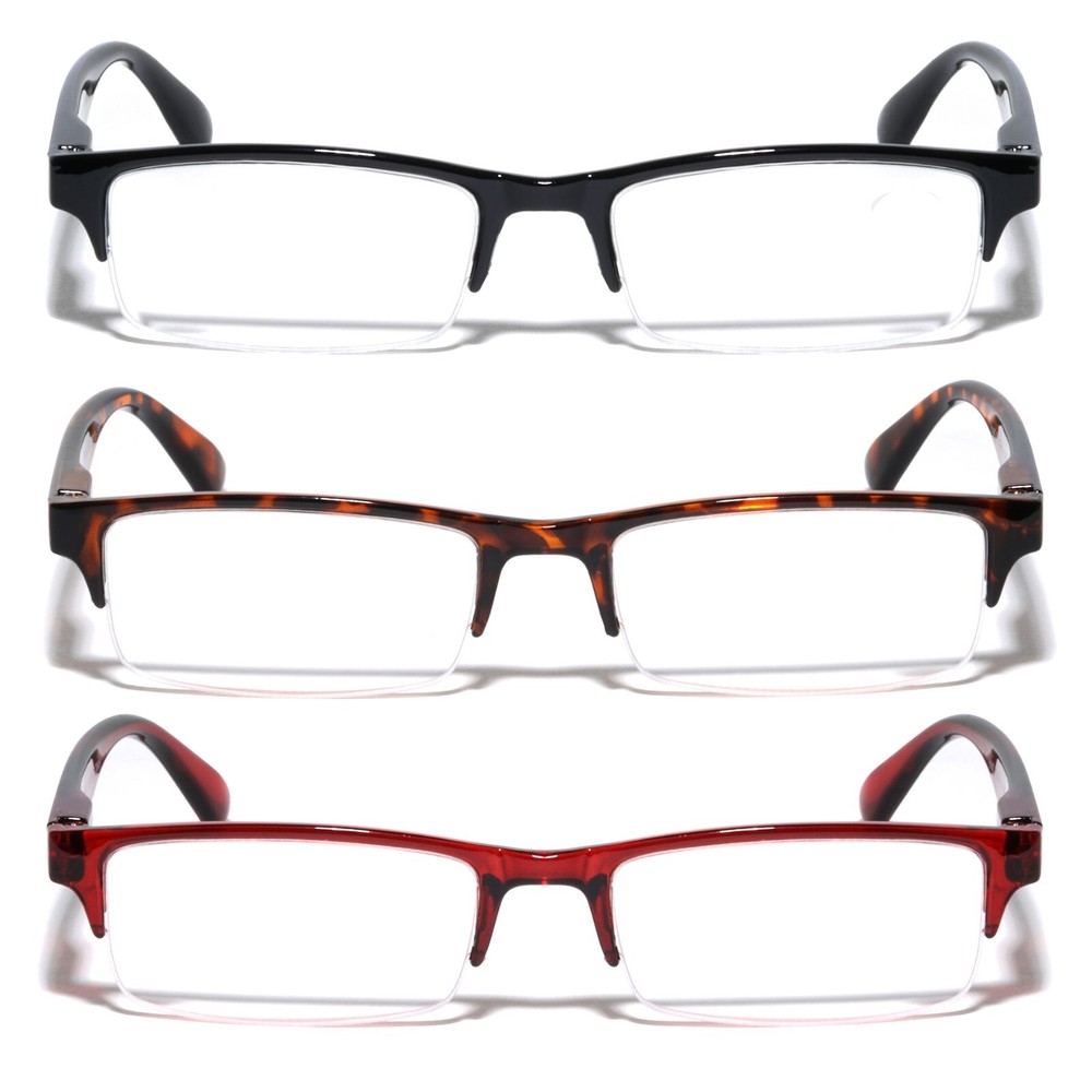 3 Pairs Rectangular Half Rim Reading Glasses - Simple Classic Clear Lens Reader