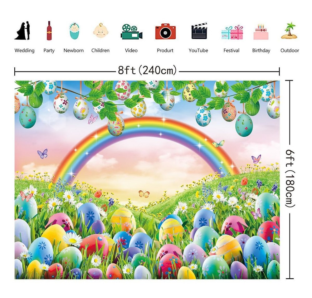 Spring Easter Backdrop Rainbow Meadow Flowers Colourful Eggs Photography Back...