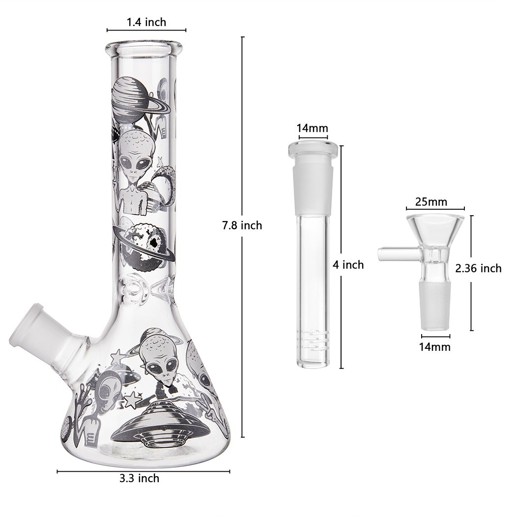 7.8" Aliens Fluorescent Glass Bong Water Pipe Smoking Ash Catcher Beaker 14MM