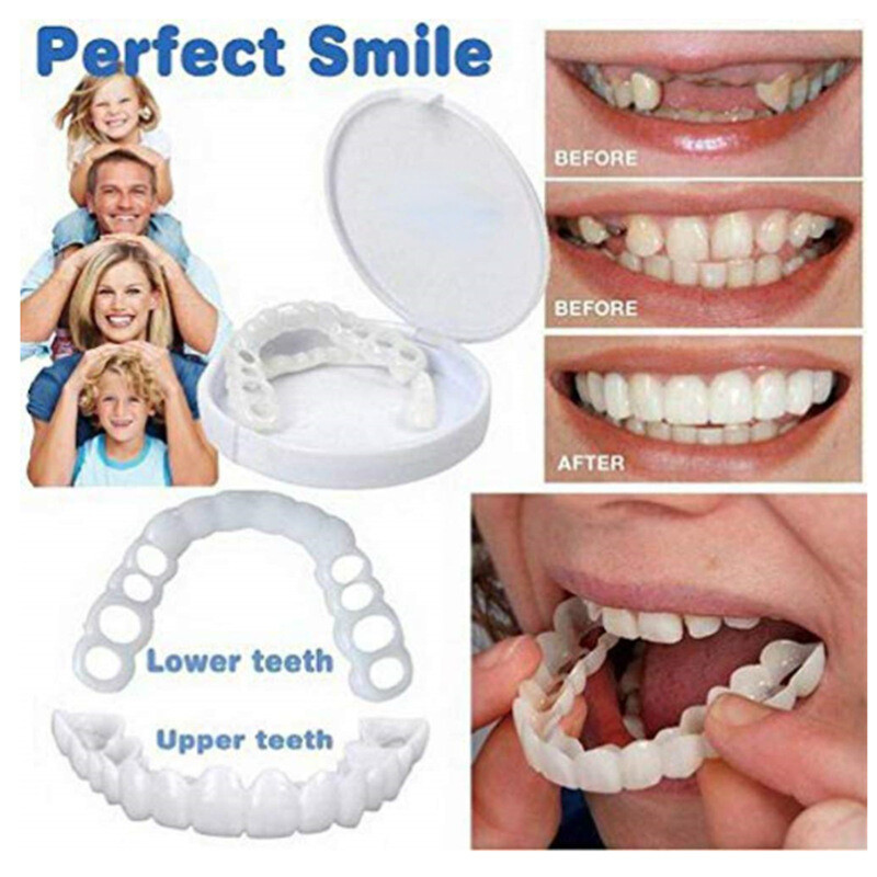 Snap On Upper＆Bottom Set False Teeth Dental Veneers Denture Tooth Cover Silicone