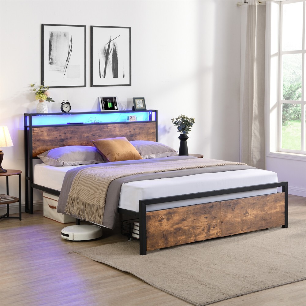 Queen Size Bed Frame with Storage Headboard & 2 Drawer Metal Platform Bed