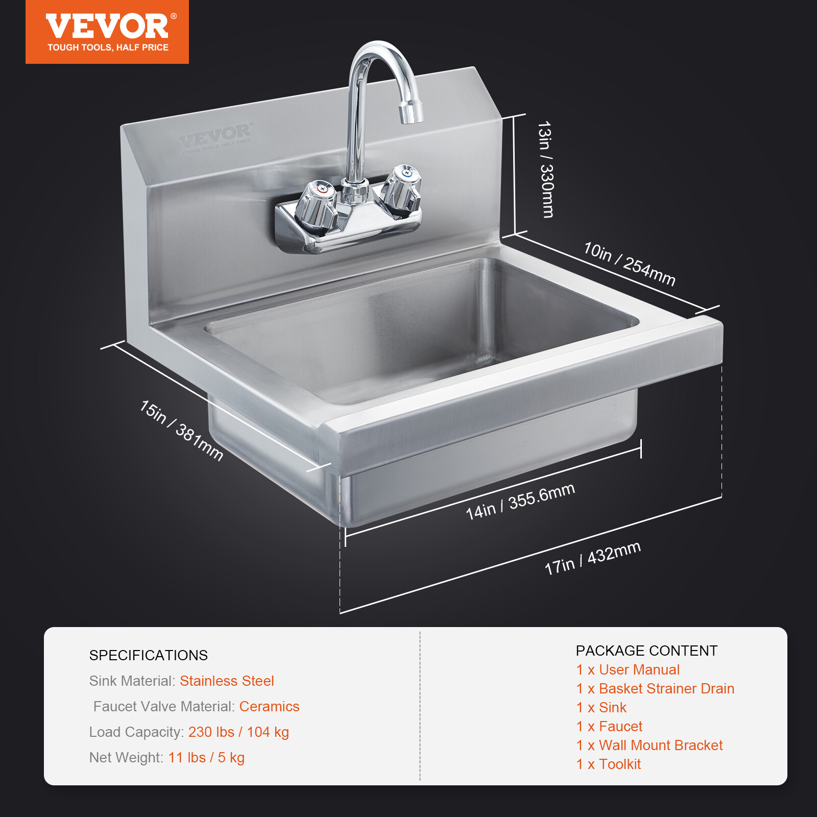 VEVOR Wall Mount NSF Hand Wash Sink Commercial Utility Sink Stainless Steel