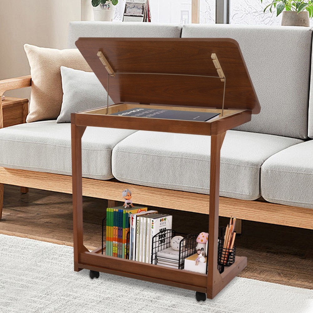 C-Shaped End Table with 4 Wheels, Adjustable Height, Modern Design