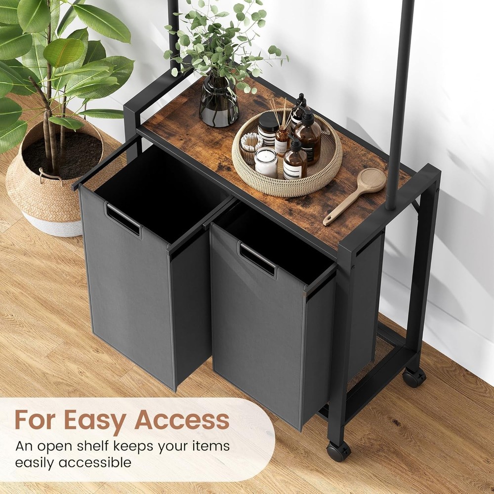 2-Section Rolling Laundry Hamper Sorter+Retractable Hanging Rod for Laundry Room