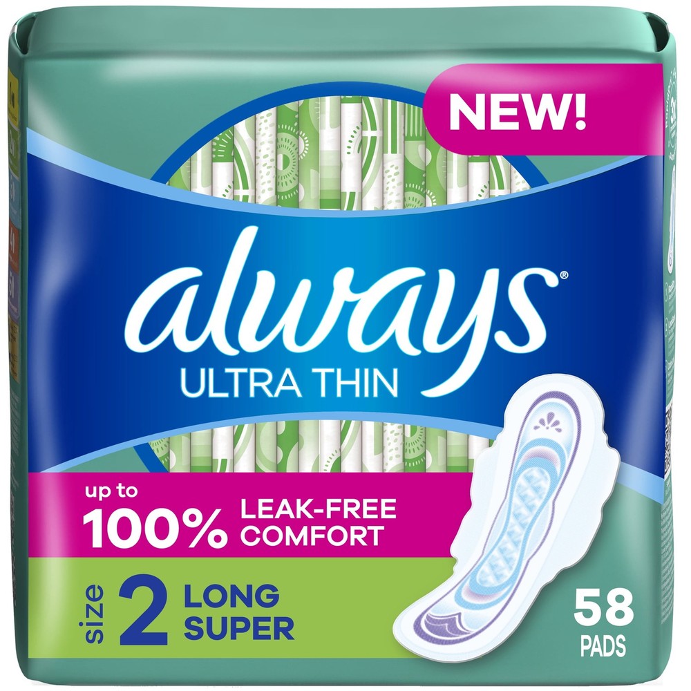 Always Ultra Thin Pads with Wings, Size 2, Long Super Absorbency, 58 Count