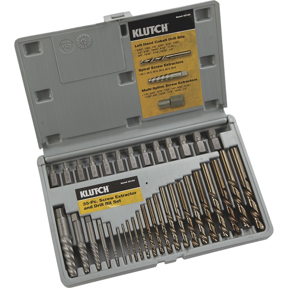 Klutch Screw Extractor & Drill Bit Set, 35 Pcs., Spiral & Multi-Spline,