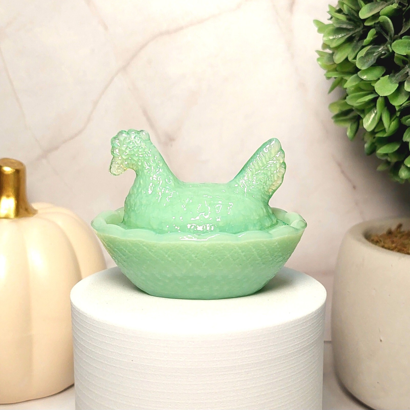 Jadeite Depression Style Glass Hen On Nest Chicken Salt Cellar Dish, VTG Style