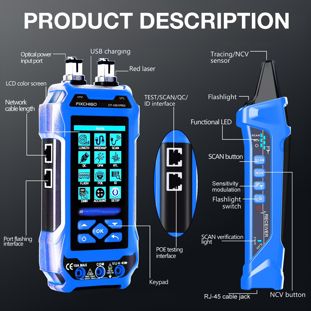 FIXCHIGO Multifunctional Network Cable Tester with Multimeter, PoE, VFL