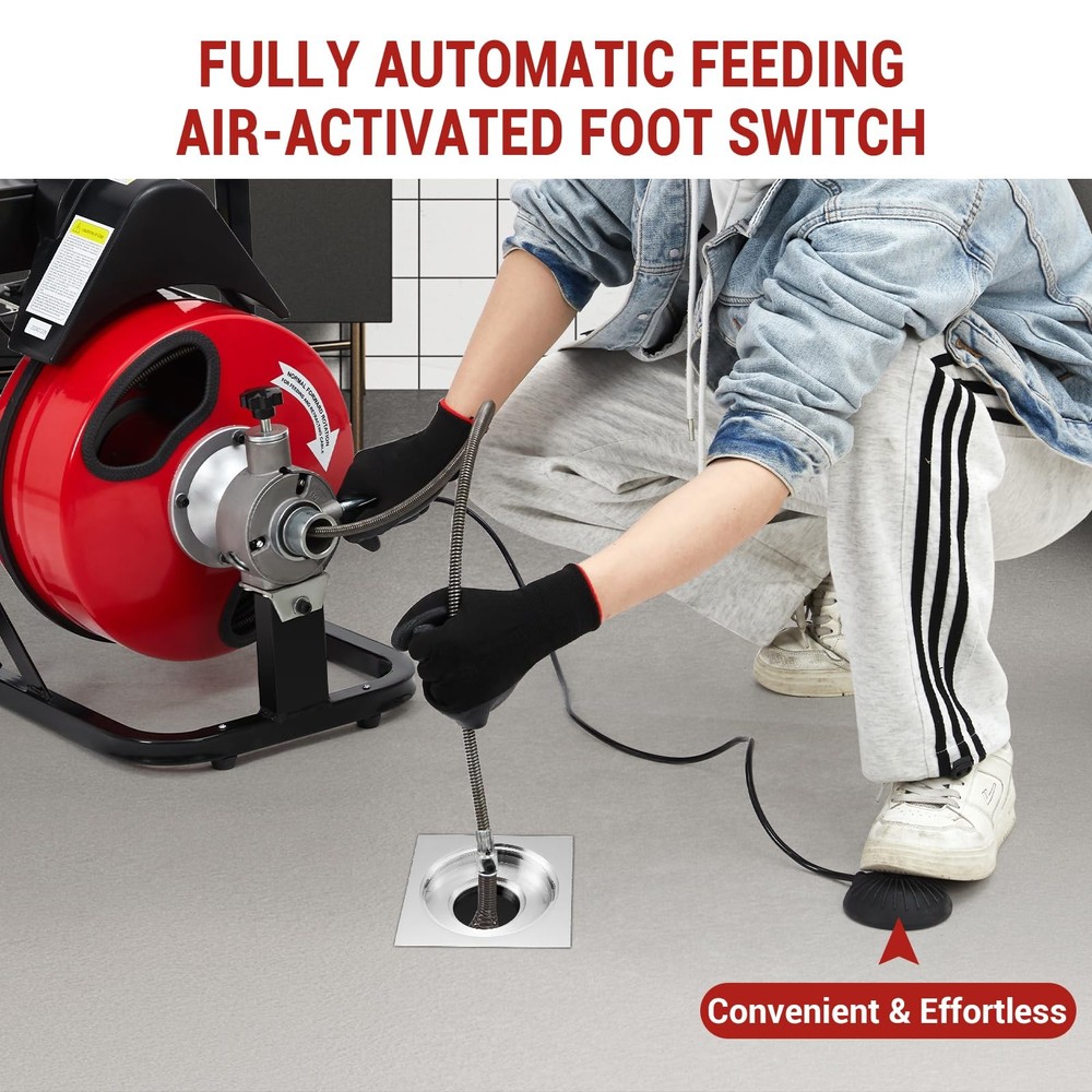 75FT Sewer Snake Machine w/3/8" Steel-Cored Cable,200W Drain Cleaner w/8 Cutters