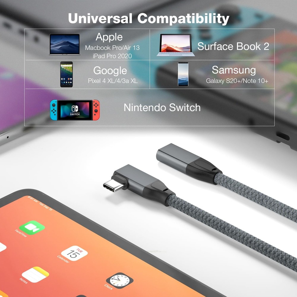 JavicTech USB C Extension Cable Right Angle 0.3M/1FT, 90 Degree 1ft, Grey