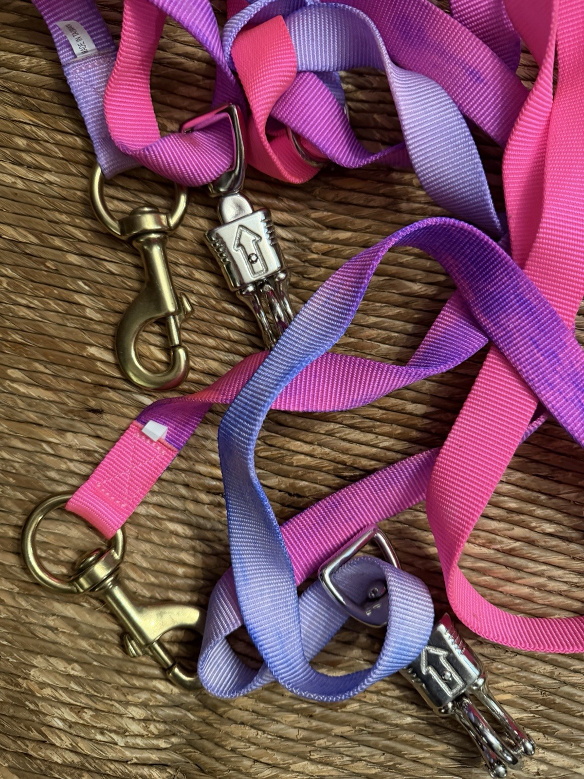 Pair of bright tye dye nylon horse cross ties with panic release snap