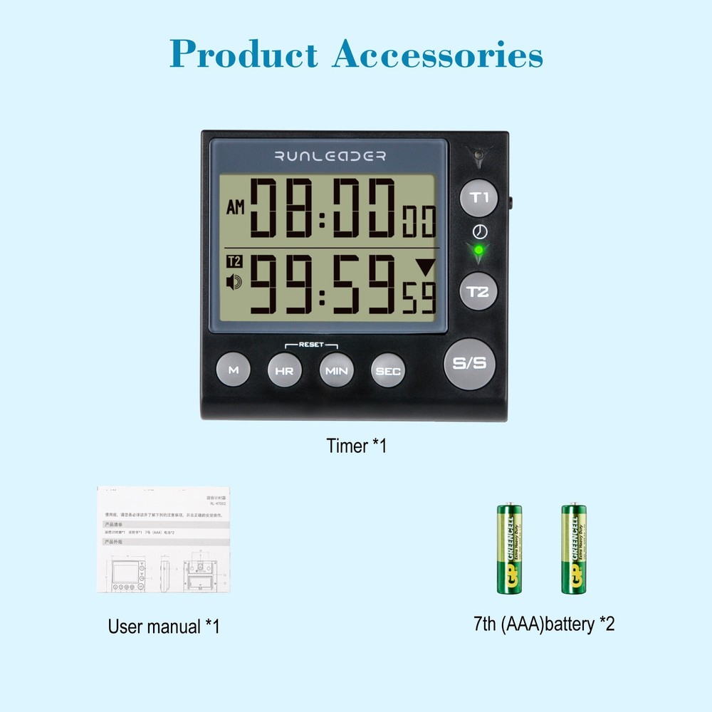 Digital Kitchen Dual Timers Clock Count-up/Count Down for Cooking Bakery Buzzer