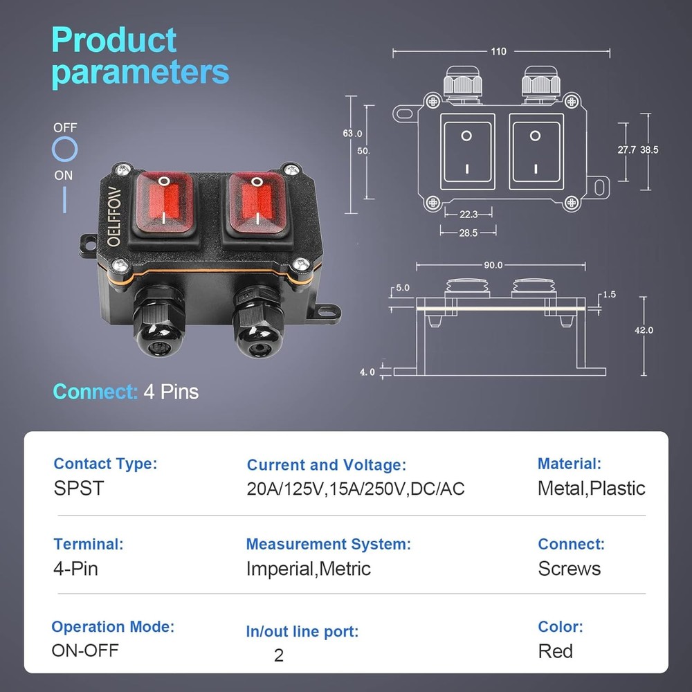 Waterproof On Off Toggle Switch Double Switch/Outlet Red/2 Switch/2 Outlet