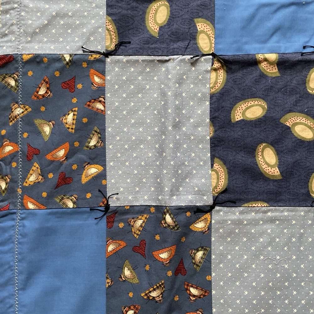 Blue Patchwork Lap Quilt Wall Hanging Handcrafted Machine Stitched 36 x 42 MINT