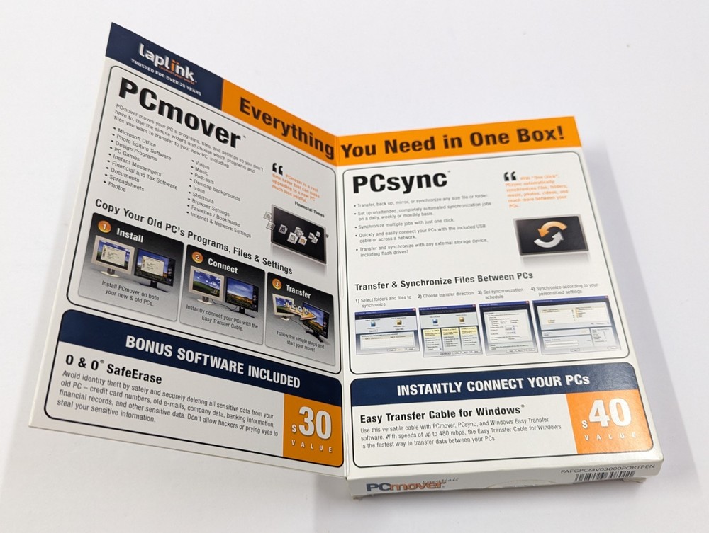 Laplink PC Mover Essentials (CD, Transfer Cable, Quick Start Guide) PCmover NEW