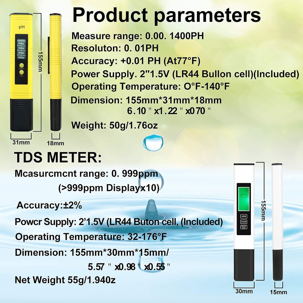 3Pcs Digital LCD PH Meter Pen +TDS EC Water Purity PPM Temperature Tester Tool