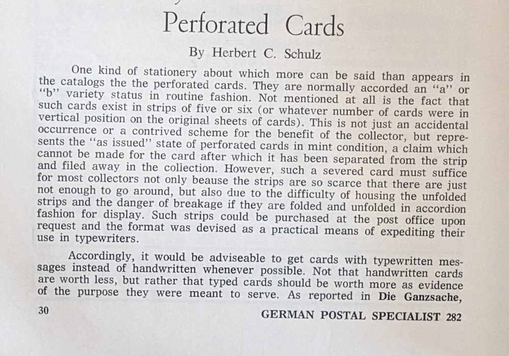 German Postal Specialist Jan 1977 Perforate Postal Cards Bergedorf Bayreuth