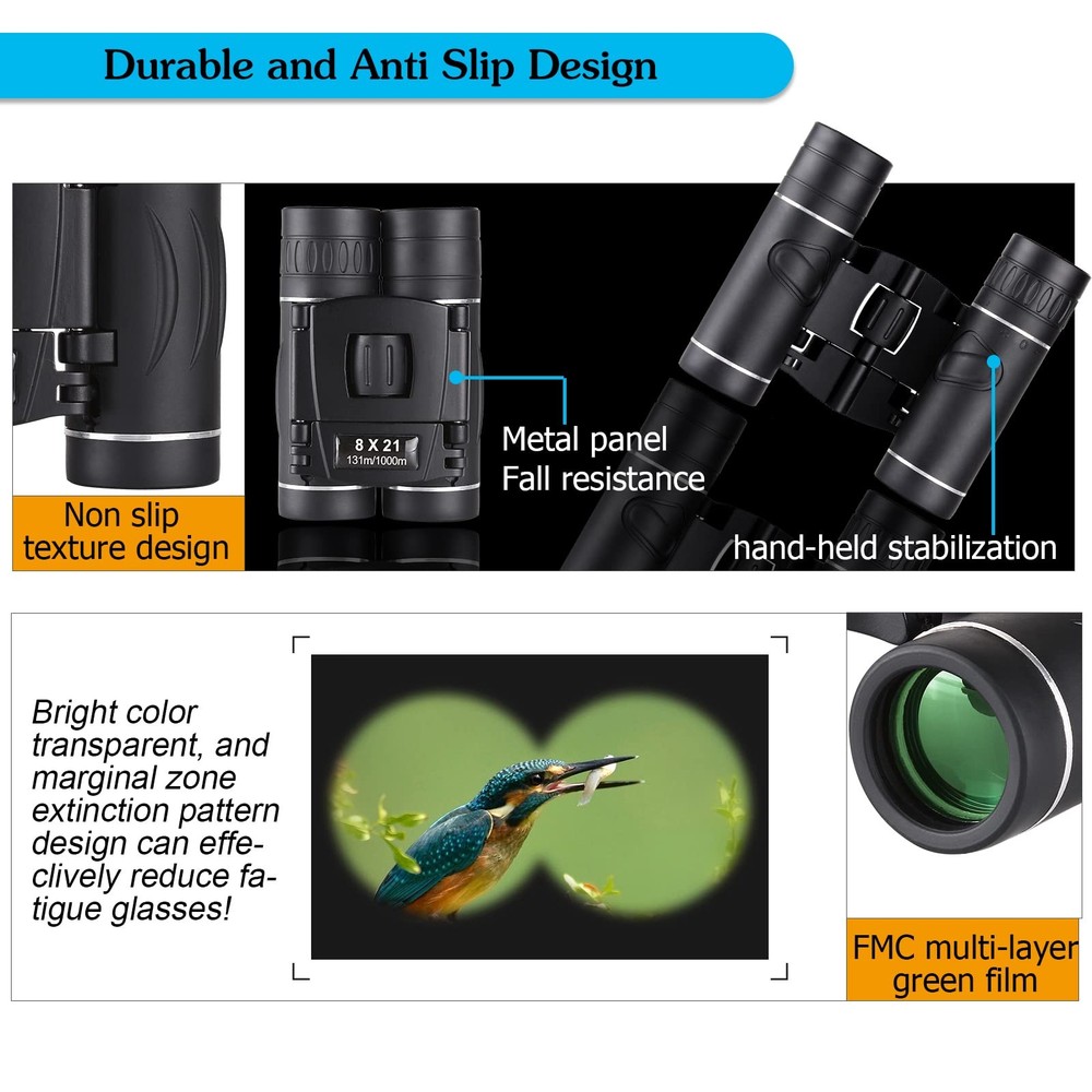 Anourney 8x21 Mini Compact Pocket Binoculars, Lightweight Foldable Easy Focus...