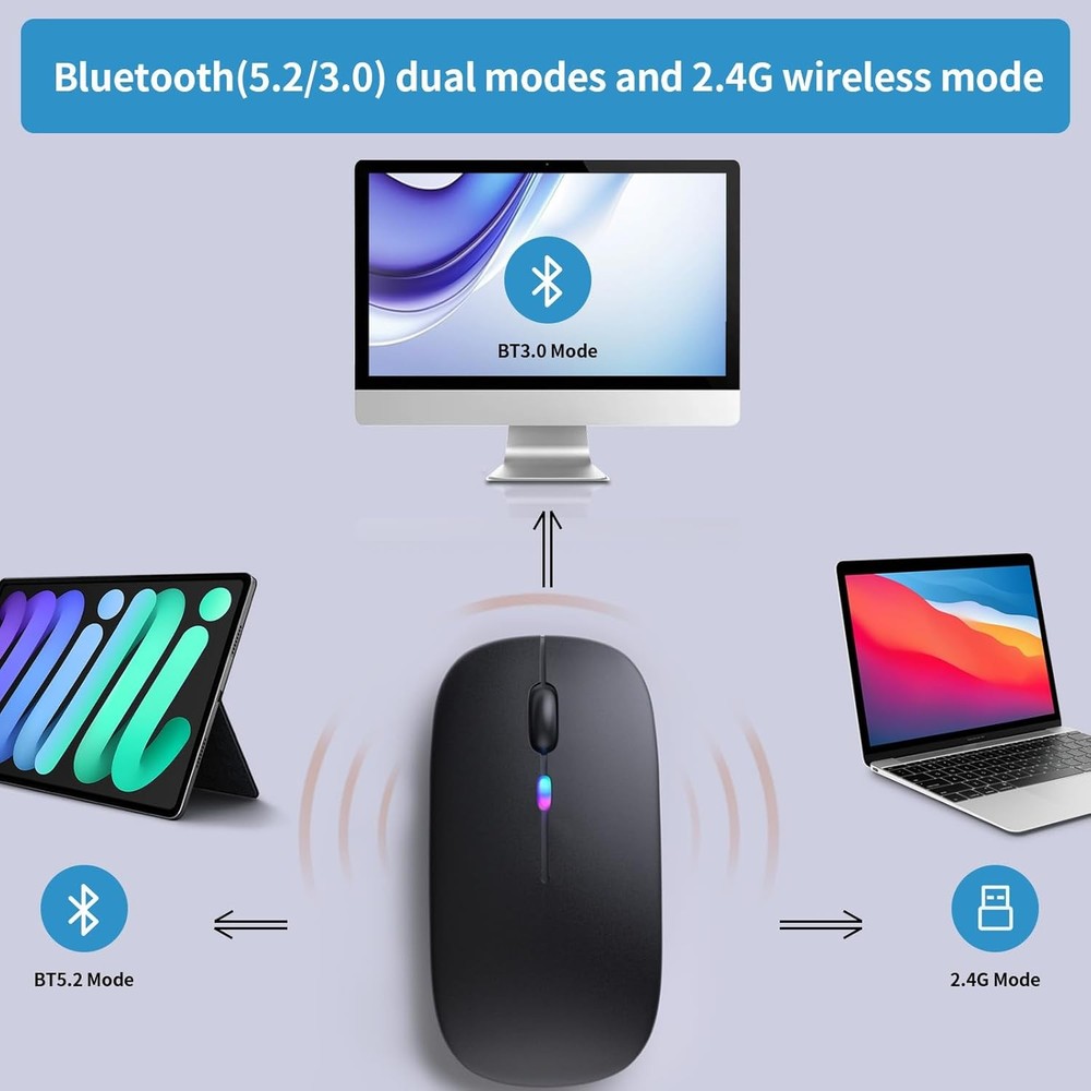 Wireless Bluetooth Mouse, Rechargeable, LED, Silent, Ultra-thin Design Black