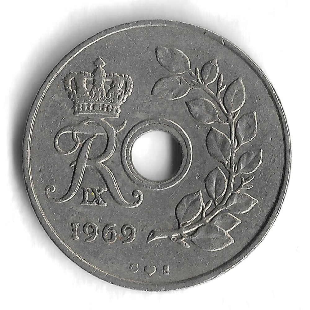 1969 Denmark 25 Ore World Coin - KM# 855 (b)