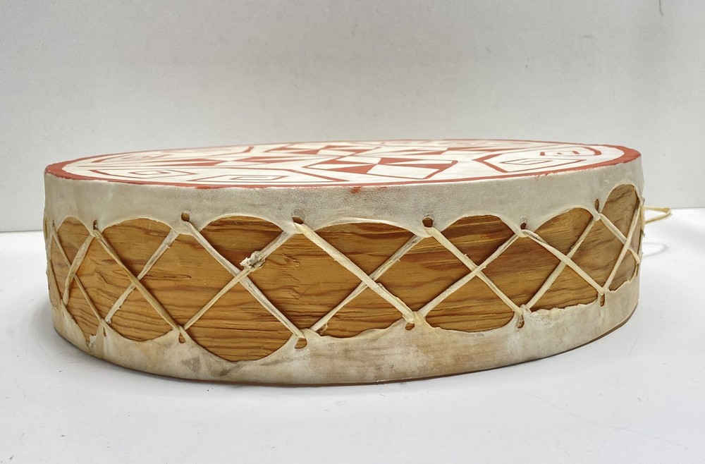 Handmade Drum Red White Geometric Pattern Wall Decor Round Percussion Art