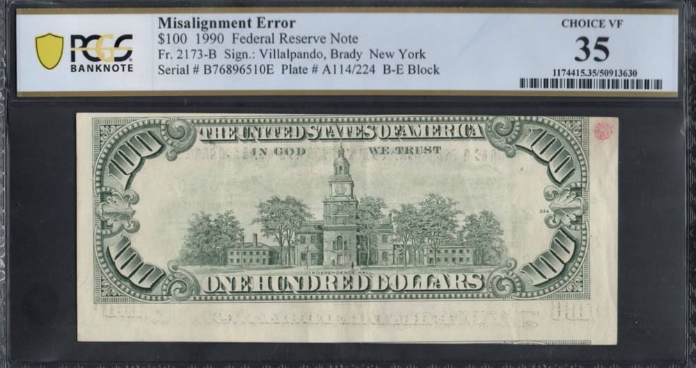 SERIES 1990 MISALIGNMENT ERROR $100 FED. RES. NOTE FR2173B! PCGS 35!
