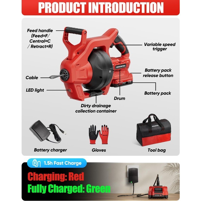 20V Cordless Electric Drain Snake, 25Ft Replaceable Cable with 2.0Ah Battery